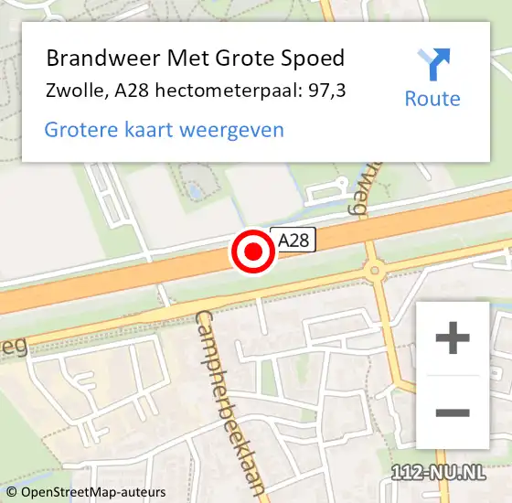 Locatie op kaart van de 112 melding: Brandweer Met Grote Spoed Naar Zwolle, A28 hectometerpaal: 97,3 op 7 april 2022 08:31