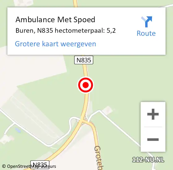 Locatie op kaart van de 112 melding: Ambulance Met Spoed Naar Buren, N835 hectometerpaal: 5,2 op 7 april 2022 15:32