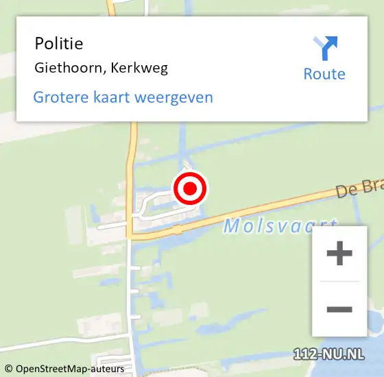 Locatie op kaart van de 112 melding: Politie Giethoorn, Kerkweg op 7 april 2022 18:19