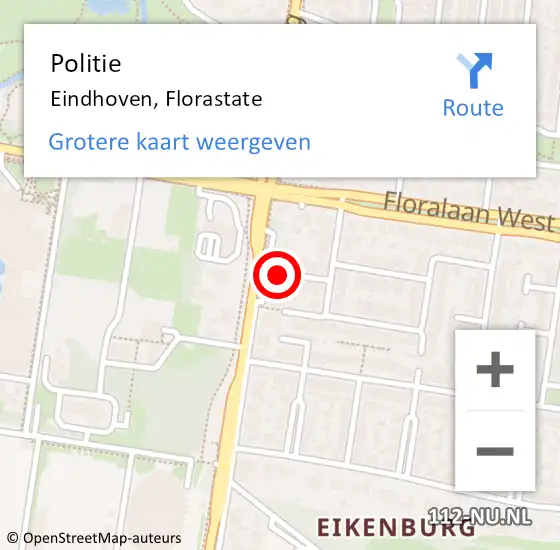 Locatie op kaart van de 112 melding: Politie Eindhoven, Florastate op 8 april 2022 08:45