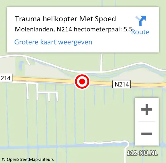 Locatie op kaart van de 112 melding: Trauma helikopter Met Spoed Naar Molenlanden, N214 hectometerpaal: 5,5 op 8 april 2022 11:30