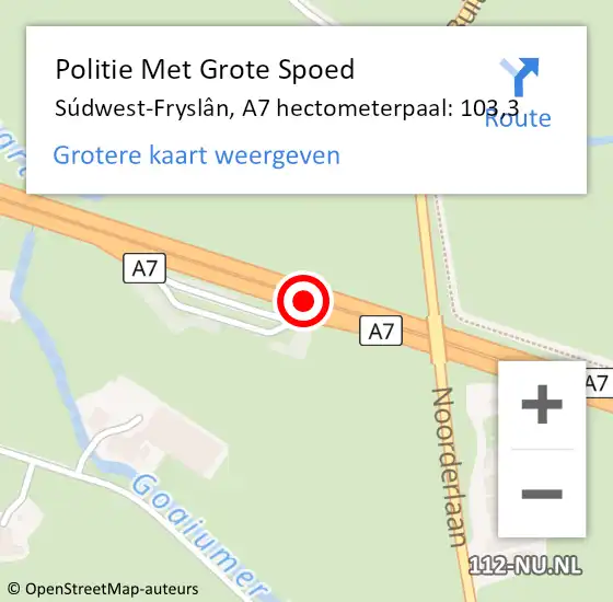 Locatie op kaart van de 112 melding: Politie Met Grote Spoed Naar Súdwest-Fryslân, A7 hectometerpaal: 103,3 op 8 april 2022 14:23