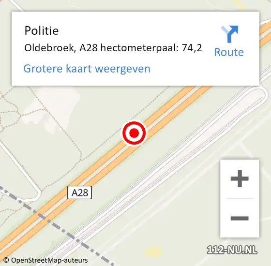 Locatie op kaart van de 112 melding: Politie Oldebroek, A28 hectometerpaal: 74,2 op 10 april 2022 05:52