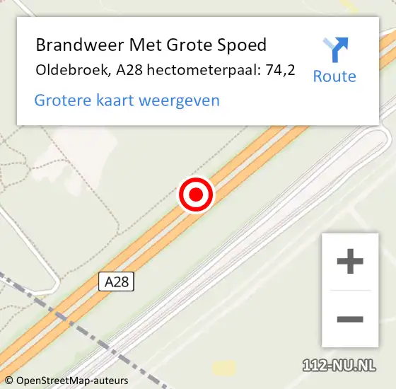 Locatie op kaart van de 112 melding: Brandweer Met Grote Spoed Naar Oldebroek, A28 hectometerpaal: 74,2 op 10 april 2022 05:53