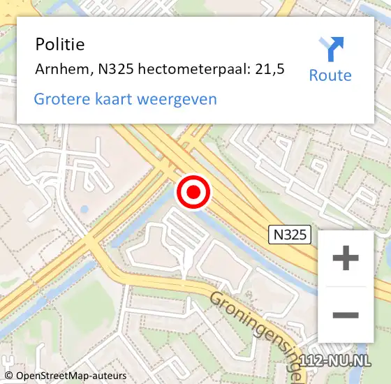 Locatie op kaart van de 112 melding: Politie Arnhem, N325 hectometerpaal: 21,5 op 10 april 2022 12:47