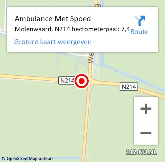 Locatie op kaart van de 112 melding: Ambulance Met Spoed Naar Molenwaard, N214 hectometerpaal: 7,4 op 10 april 2022 20:25