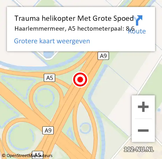 Locatie op kaart van de 112 melding: Trauma helikopter Met Grote Spoed Naar Haarlemmermeer, A5 hectometerpaal: 8,6 op 10 april 2022 21:21