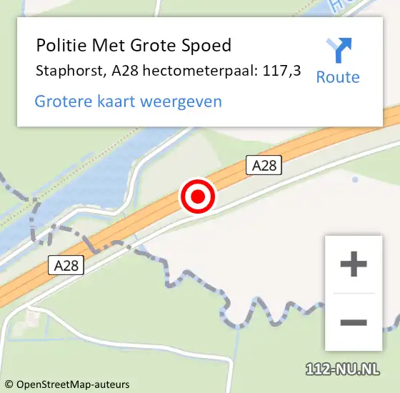 Locatie op kaart van de 112 melding: Politie Met Grote Spoed Naar Staphorst, A28 hectometerpaal: 117,3 op 11 april 2022 05:48