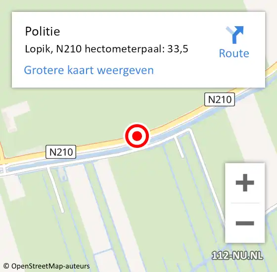 Locatie op kaart van de 112 melding: Politie Lopik, N210 hectometerpaal: 33,5 op 11 april 2022 12:45
