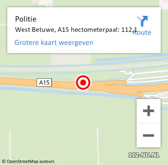 Locatie op kaart van de 112 melding: Politie West Betuwe, A15 hectometerpaal: 112,1 op 11 april 2022 22:20