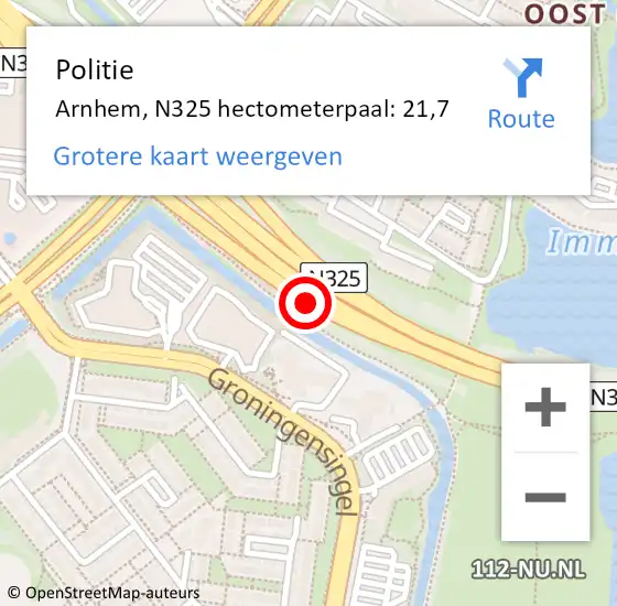 Locatie op kaart van de 112 melding: Politie Arnhem, N325 hectometerpaal: 21,7 op 12 april 2022 11:22