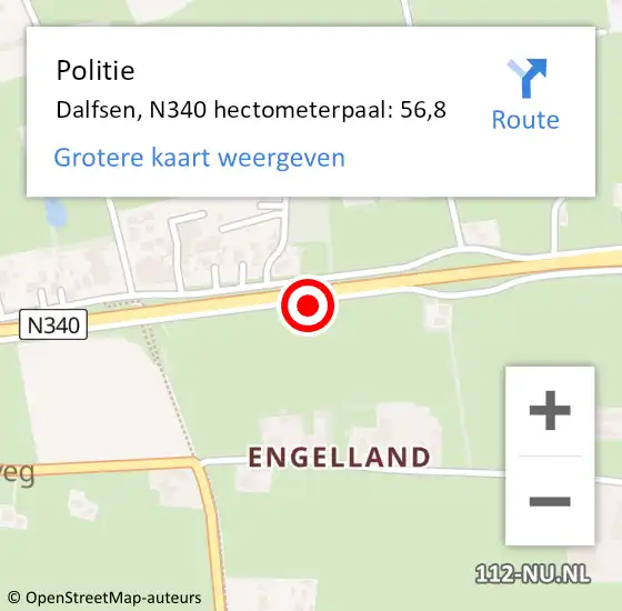 Locatie op kaart van de 112 melding: Politie Dalfsen, N340 hectometerpaal: 56,8 op 12 april 2022 16:28
