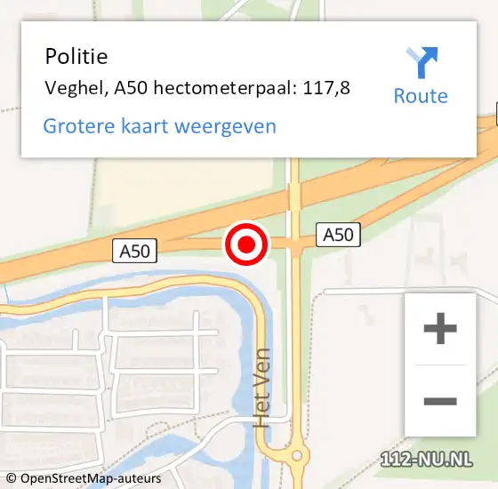 Locatie op kaart van de 112 melding: Politie Veghel, A50 hectometerpaal: 117,8 op 12 april 2022 16:37