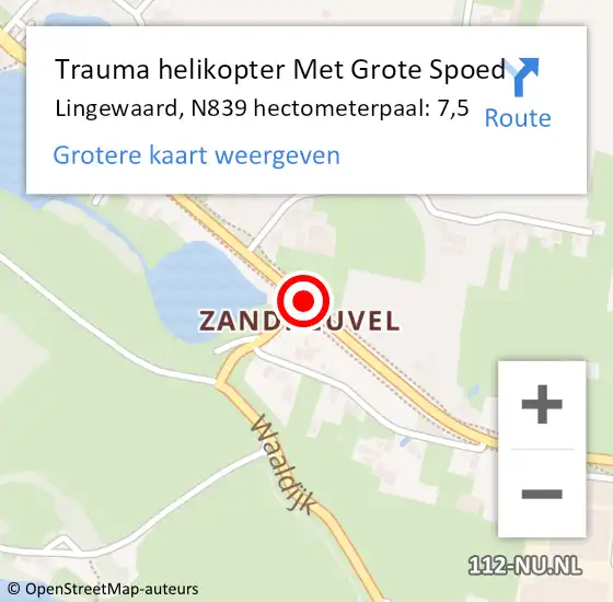 Locatie op kaart van de 112 melding: Trauma helikopter Met Grote Spoed Naar Lingewaard, N839 hectometerpaal: 7,5 op 13 april 2022 14:06