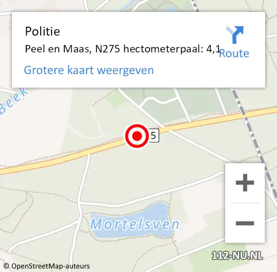 Locatie op kaart van de 112 melding: Politie Peel en Maas, N275 hectometerpaal: 4,1 op 13 april 2022 15:18