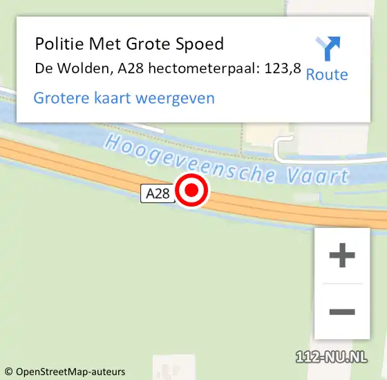 Locatie op kaart van de 112 melding: Politie Met Grote Spoed Naar De Wolden, A28 hectometerpaal: 123,8 op 13 april 2022 16:12