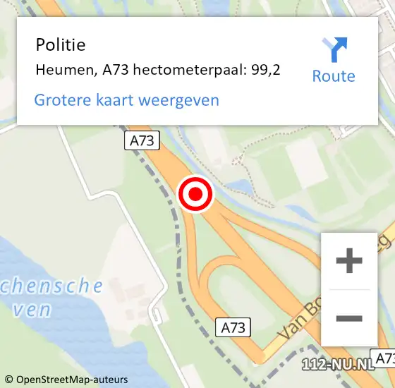 Locatie op kaart van de 112 melding: Politie Heumen, A73 hectometerpaal: 99,2 op 13 april 2022 16:38