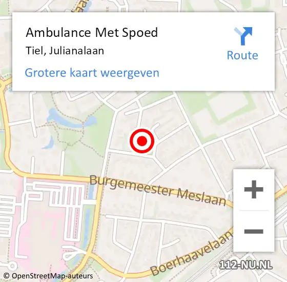 Locatie op kaart van de 112 melding: Ambulance Met Spoed Naar Tiel, Julianalaan op 13 april 2022 22:05