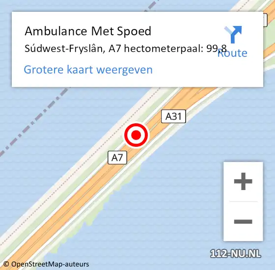 Locatie op kaart van de 112 melding: Ambulance Met Spoed Naar Súdwest-Fryslân, A7 hectometerpaal: 99,8 op 14 april 2022 16:09