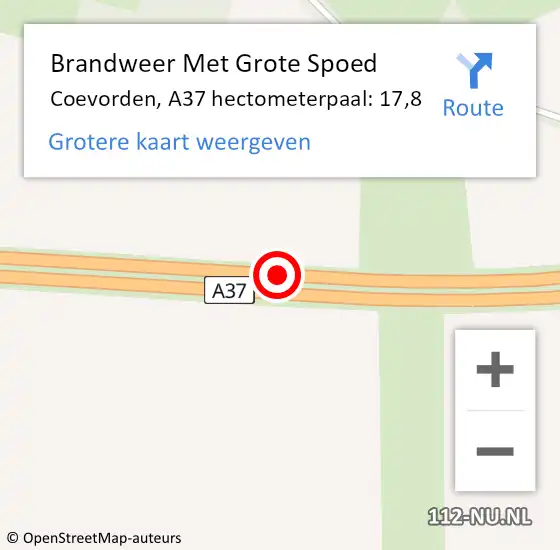 Locatie op kaart van de 112 melding: Brandweer Met Grote Spoed Naar Coevorden, A37 hectometerpaal: 17,8 op 14 april 2022 19:26
