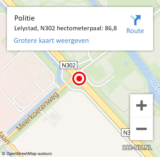 Locatie op kaart van de 112 melding: Politie Lelystad, N302 hectometerpaal: 86,8 op 15 april 2022 13:37