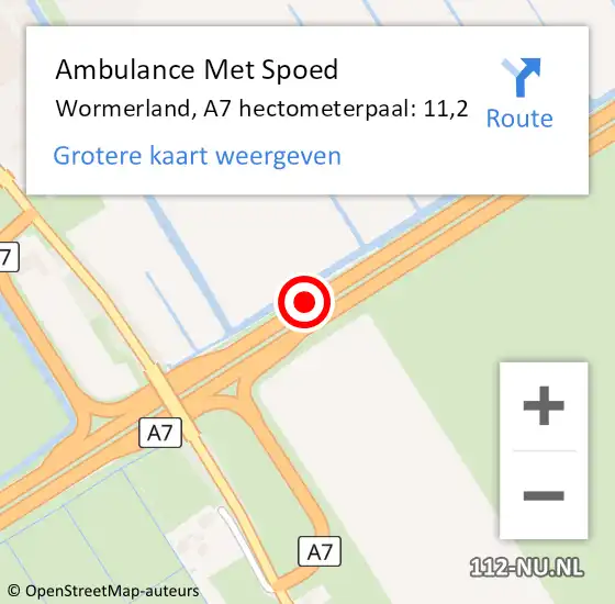 Locatie op kaart van de 112 melding: Ambulance Met Spoed Naar Wormerland, A7 hectometerpaal: 11,2 op 15 april 2022 18:48