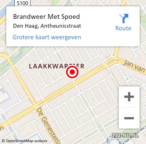 Locatie op kaart van de 112 melding: Brandweer Met Spoed Naar Den Haag, Antheunisstraat op 16 april 2022 07:06
