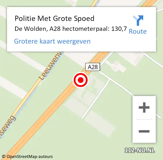 Locatie op kaart van de 112 melding: Politie Met Grote Spoed Naar De Wolden, A28 hectometerpaal: 130,7 op 17 april 2022 06:40