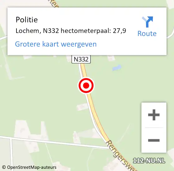 Locatie op kaart van de 112 melding: Politie Lochem, N332 hectometerpaal: 27,9 op 17 april 2022 06:45