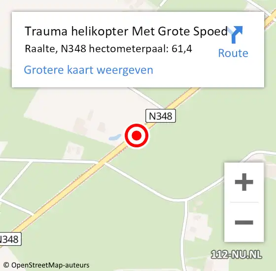 Locatie op kaart van de 112 melding: Trauma helikopter Met Grote Spoed Naar Raalte, N348 hectometerpaal: 61,4 op 17 april 2022 13:37