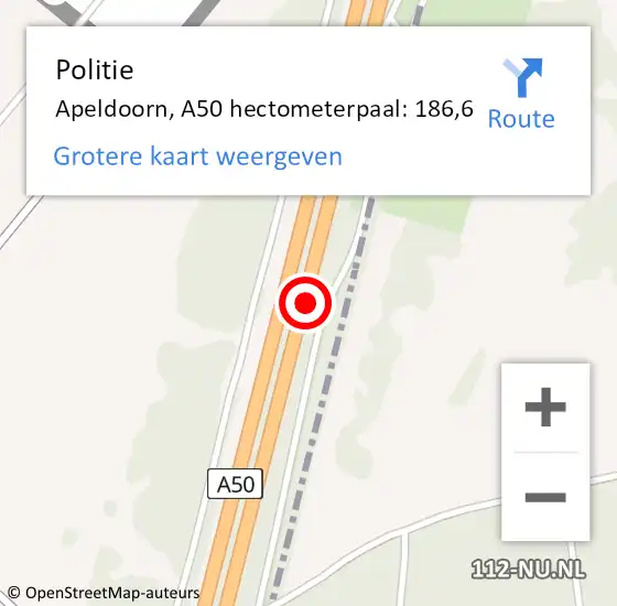 Locatie op kaart van de 112 melding: Politie Apeldoorn, A50 hectometerpaal: 186,6 op 18 april 2022 01:33