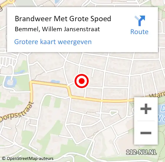 Locatie op kaart van de 112 melding: Brandweer Met Grote Spoed Naar Bemmel, Willem Jansenstraat op 18 april 2022 10:29