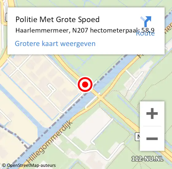 Locatie op kaart van de 112 melding: Politie Met Grote Spoed Naar Haarlemmermeer, N207 hectometerpaal: 58,9 op 18 april 2022 11:58