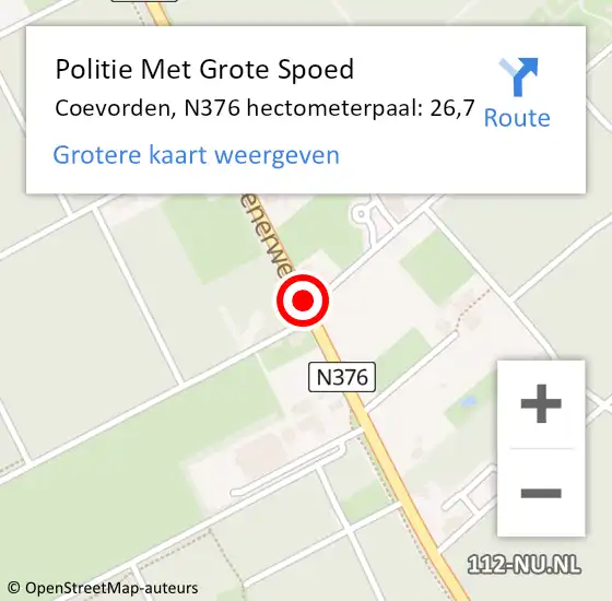 Locatie op kaart van de 112 melding: Politie Met Grote Spoed Naar Coevorden, N376 hectometerpaal: 26,7 op 18 april 2022 18:22