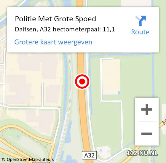 Locatie op kaart van de 112 melding: Politie Met Grote Spoed Naar Dalfsen, A32 hectometerpaal: 11,1 op 18 april 2022 21:12