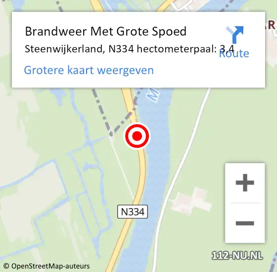 Locatie op kaart van de 112 melding: Brandweer Met Grote Spoed Naar Steenwijkerland, N334 hectometerpaal: 3,4 op 18 april 2022 21:15