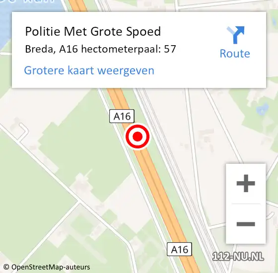 Locatie op kaart van de 112 melding: Politie Met Grote Spoed Naar Breda, A16 hectometerpaal: 57 op 19 april 2022 09:56