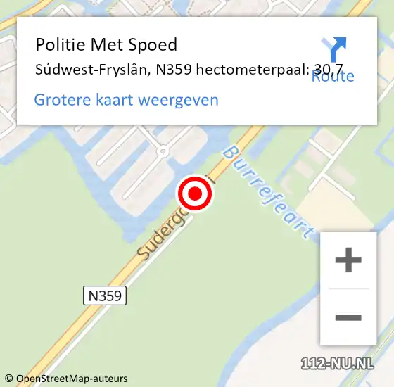 Locatie op kaart van de 112 melding: Politie Met Spoed Naar Súdwest-Fryslân, N359 hectometerpaal: 30,7 op 19 april 2022 10:25