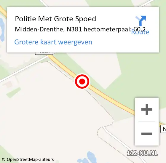 Locatie op kaart van de 112 melding: Politie Met Grote Spoed Naar Midden-Drenthe, N381 hectometerpaal: 60,2 op 19 april 2022 19:50
