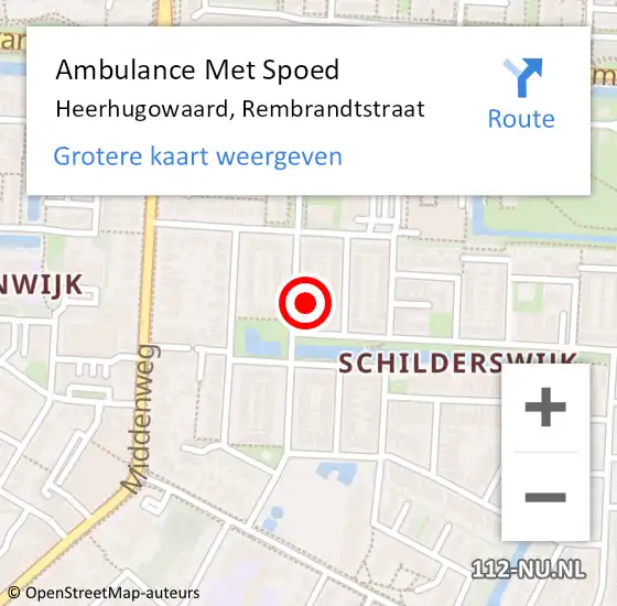 Locatie op kaart van de 112 melding: Ambulance Met Spoed Naar Heerhugowaard, Rembrandtstraat op 19 april 2022 21:47
