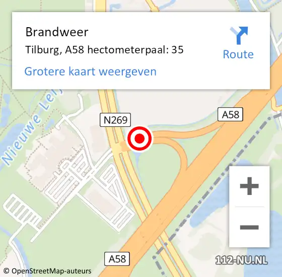 Locatie op kaart van de 112 melding: Brandweer Tilburg, A58 hectometerpaal: 35 op 19 april 2022 22:40