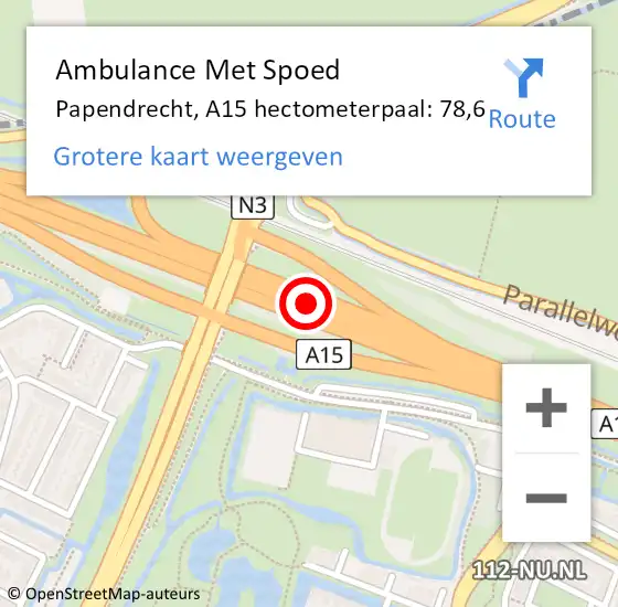 Locatie op kaart van de 112 melding: Ambulance Met Spoed Naar Papendrecht, A15 hectometerpaal: 78,6 op 20 april 2022 13:04