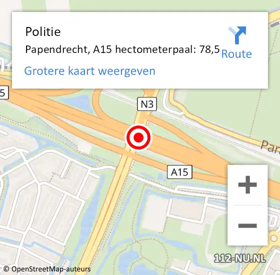 Locatie op kaart van de 112 melding: Politie Papendrecht, A15 hectometerpaal: 78,5 op 20 april 2022 13:07