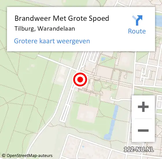 Locatie op kaart van de 112 melding: Brandweer Met Grote Spoed Naar Tilburg, Warandelaan op 20 april 2022 15:46
