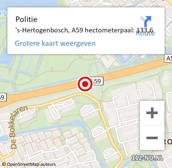 Locatie op kaart van de 112 melding: Politie 's-Hertogenbosch, A59 hectometerpaal: 133,6 op 20 april 2022 16:43