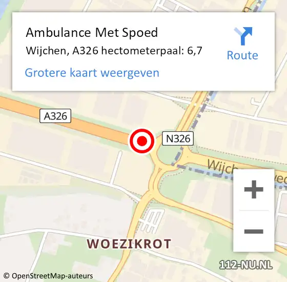 Locatie op kaart van de 112 melding: Ambulance Met Spoed Naar Wijchen, A326 hectometerpaal: 6,7 op 20 april 2022 22:02