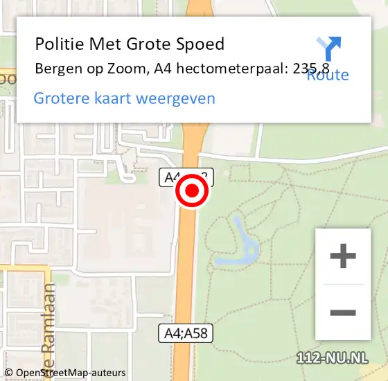 Locatie op kaart van de 112 melding: Politie Met Grote Spoed Naar Bergen op Zoom, A4 hectometerpaal: 235,8 op 21 april 2022 01:42