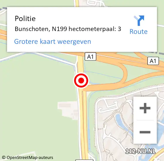 Locatie op kaart van de 112 melding: Politie Bunschoten, N199 hectometerpaal: 3 op 21 april 2022 08:00