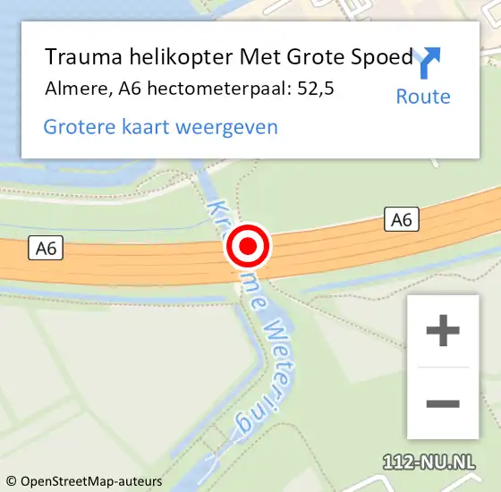 Locatie op kaart van de 112 melding: Trauma helikopter Met Grote Spoed Naar Almere, A6 hectometerpaal: 52,5 op 21 april 2022 18:45