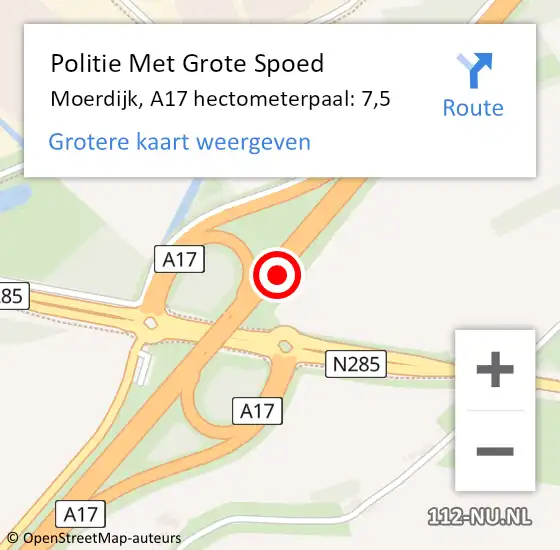 Locatie op kaart van de 112 melding: Politie Met Grote Spoed Naar Moerdijk, A17 hectometerpaal: 7,5 op 22 april 2022 07:43